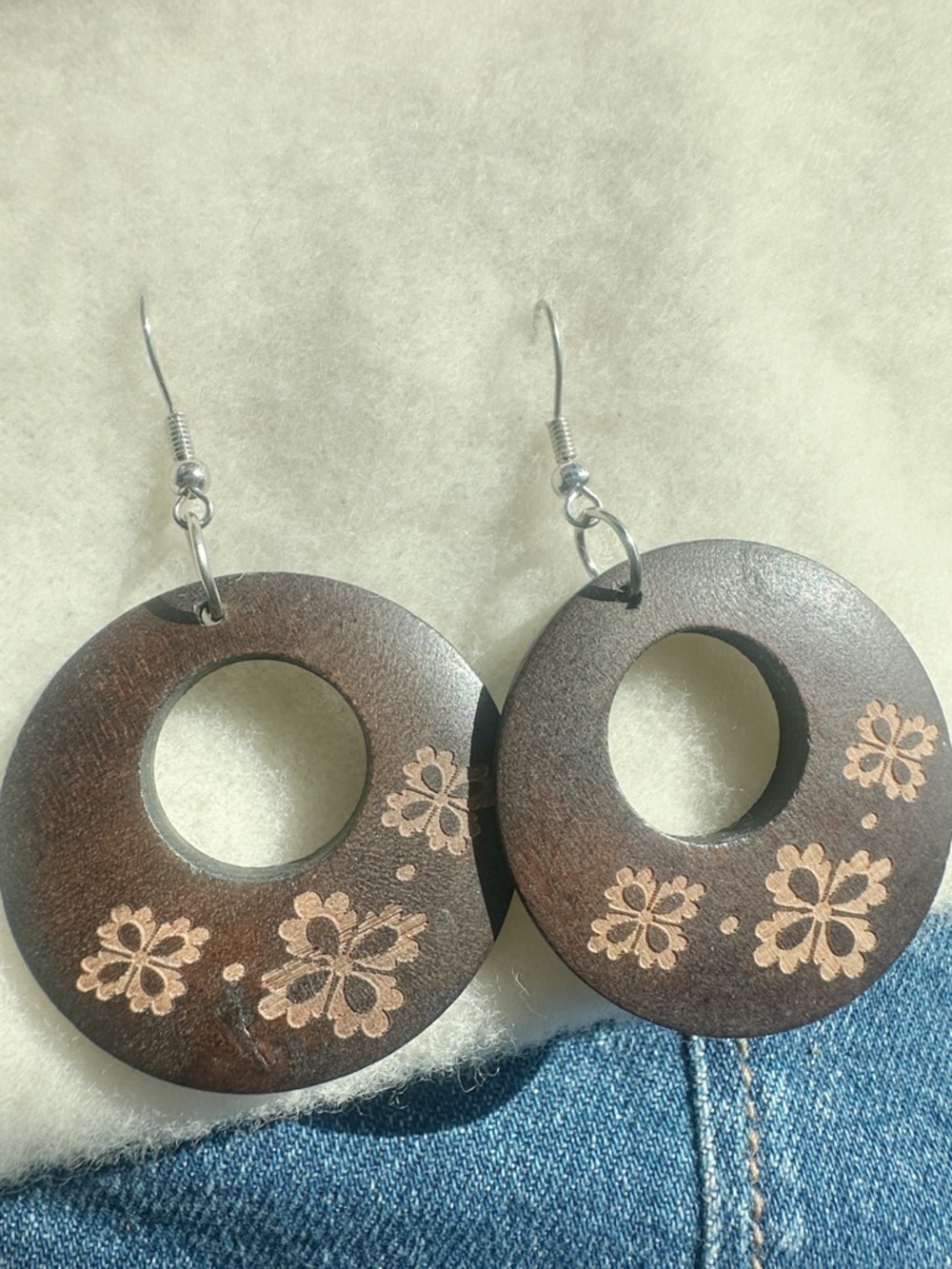 Wooden Etched Floral Hoop Drop Earrings - Brown
